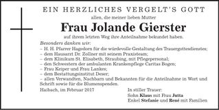 Traueranzeige Jolande Gierster
