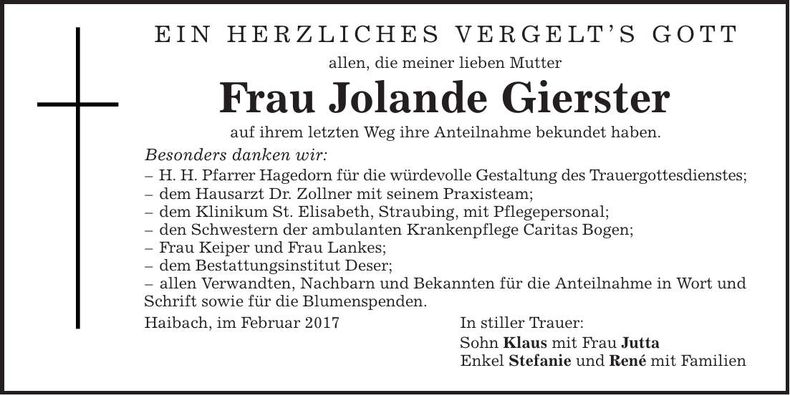 Traueranzeige Jolande Gierster