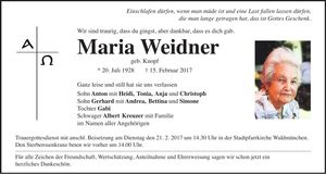Traueranzeige Maria Weidner