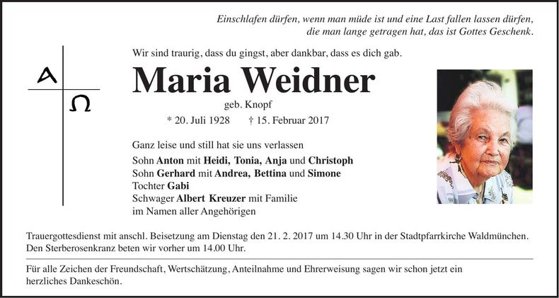 Traueranzeige Maria Weidner