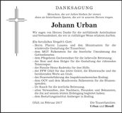 Traueranzeige Johann Urban
