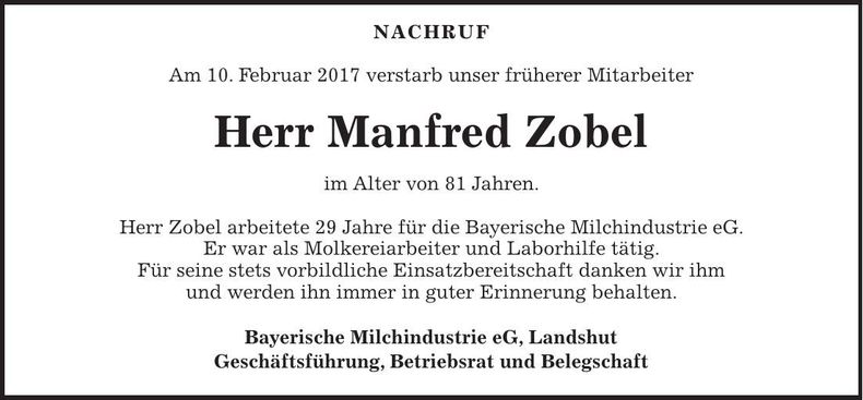 Traueranzeige Manfred Zobel