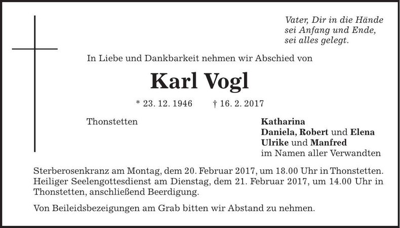Traueranzeige Karl Vogl