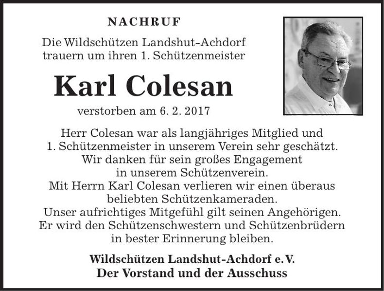 Traueranzeige Karl Colesan