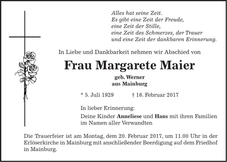 Traueranzeige Margarete Maier