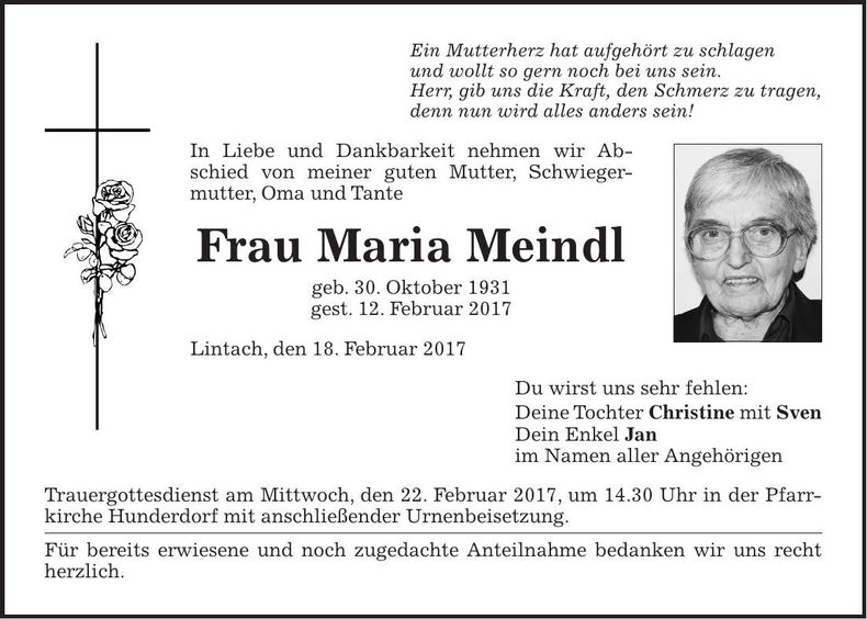 Traueranzeige Maria Meindl