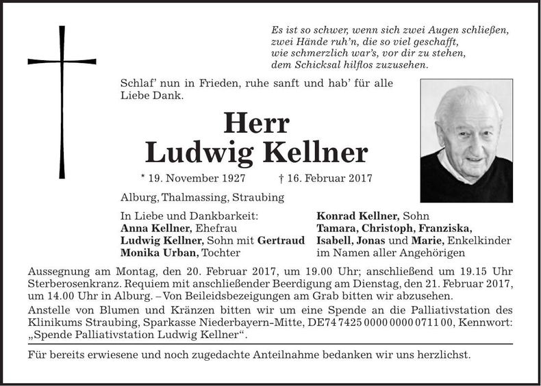 Traueranzeige Ludwig Kellner