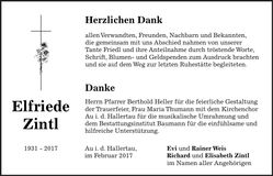 Traueranzeige Elfriede Zintl
