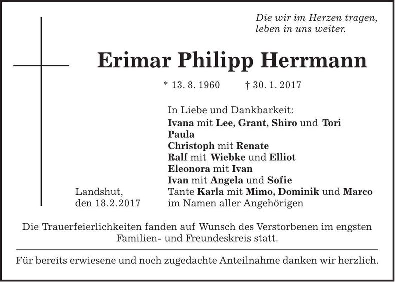 Traueranzeige Erimar Philipp Herrmann