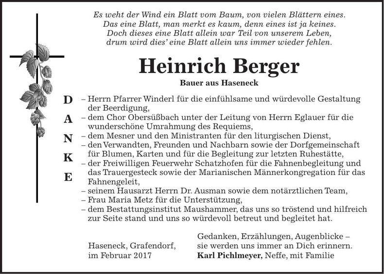 Traueranzeige Heinrich Berger