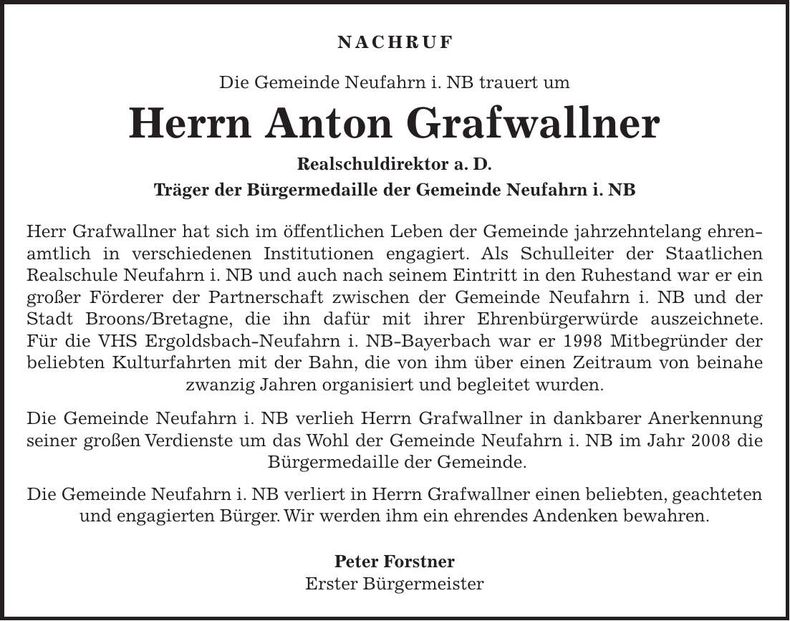 Traueranzeige Anton Grafwallner