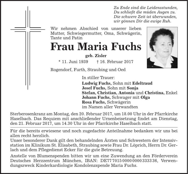 Traueranzeige Maria Fuchs