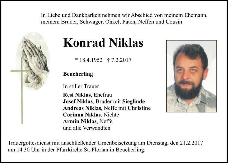 Traueranzeige Konrad Niklas