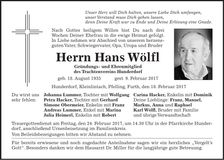 Traueranzeige Hans Wölfl