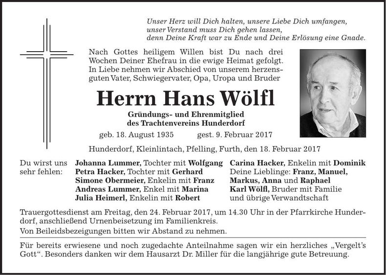 Traueranzeige Hans Wölfl