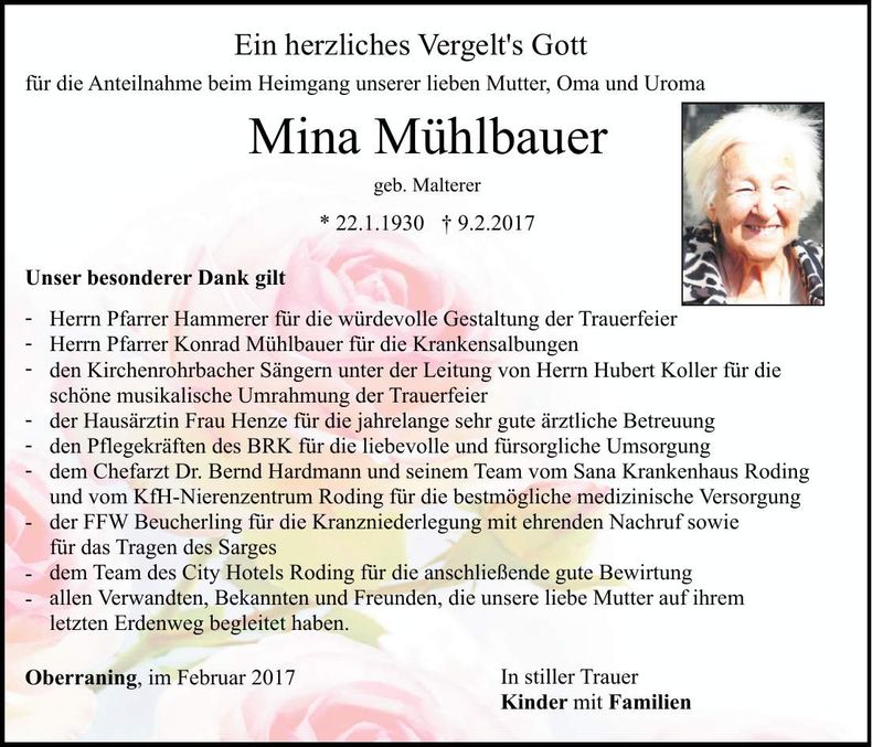 Traueranzeige Mina Mühlbauer