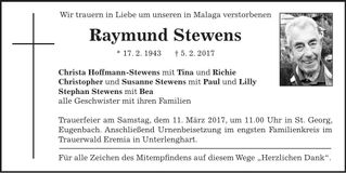 Traueranzeige Raymund Stewens