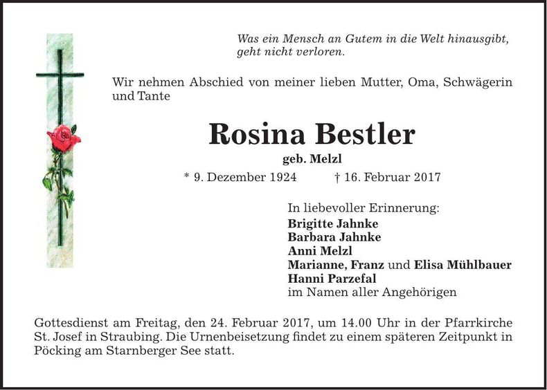 Traueranzeige Rosina Bestler