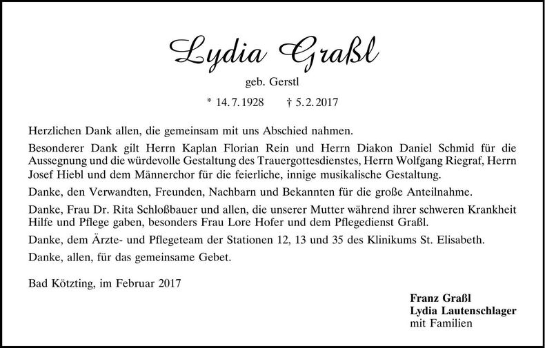 Traueranzeige Lydia Graßl