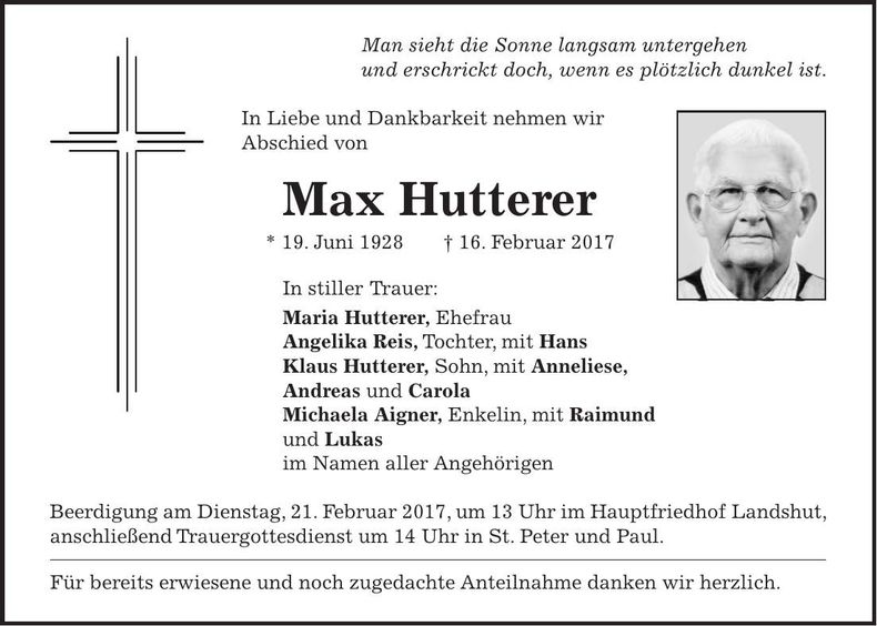 Traueranzeige Max Hutterer