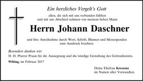 Traueranzeige Johann Daschner