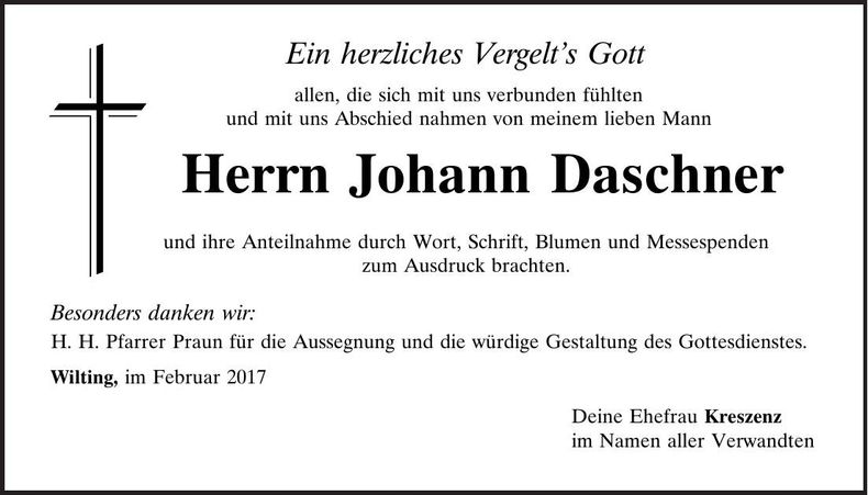 Traueranzeige Johann Daschner