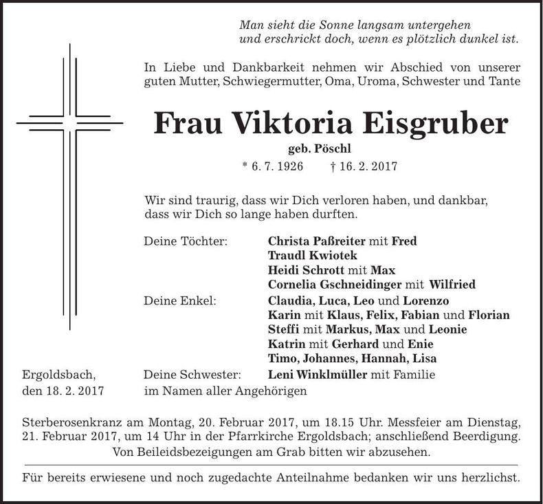 Traueranzeige Viktoria Eisgruber