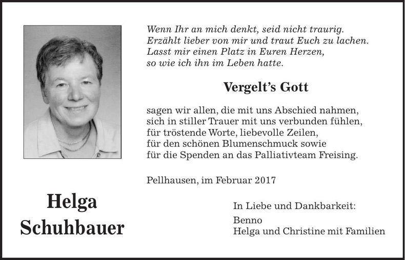Traueranzeige Helga Schuhbauer