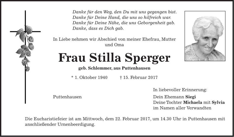 Traueranzeige Stilla Sperger