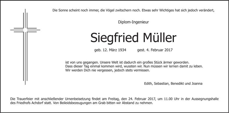 Traueranzeige Siegfried Müller