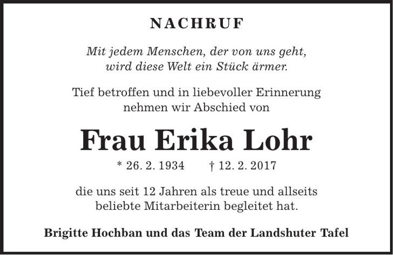 Traueranzeige Erika Lohr