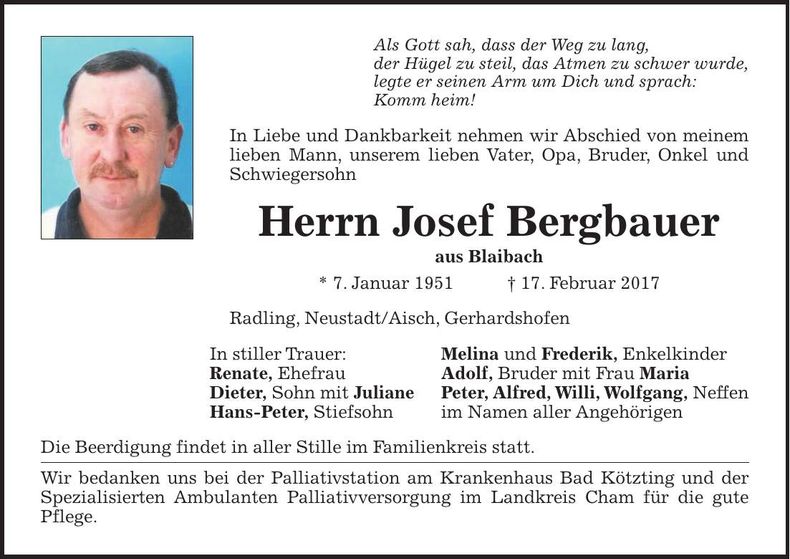Traueranzeige Josef Bergbauer