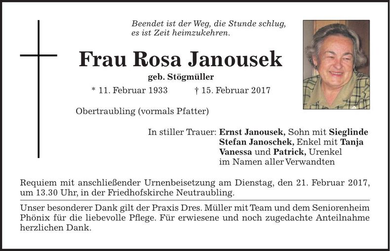 Traueranzeige Rosa Janousek