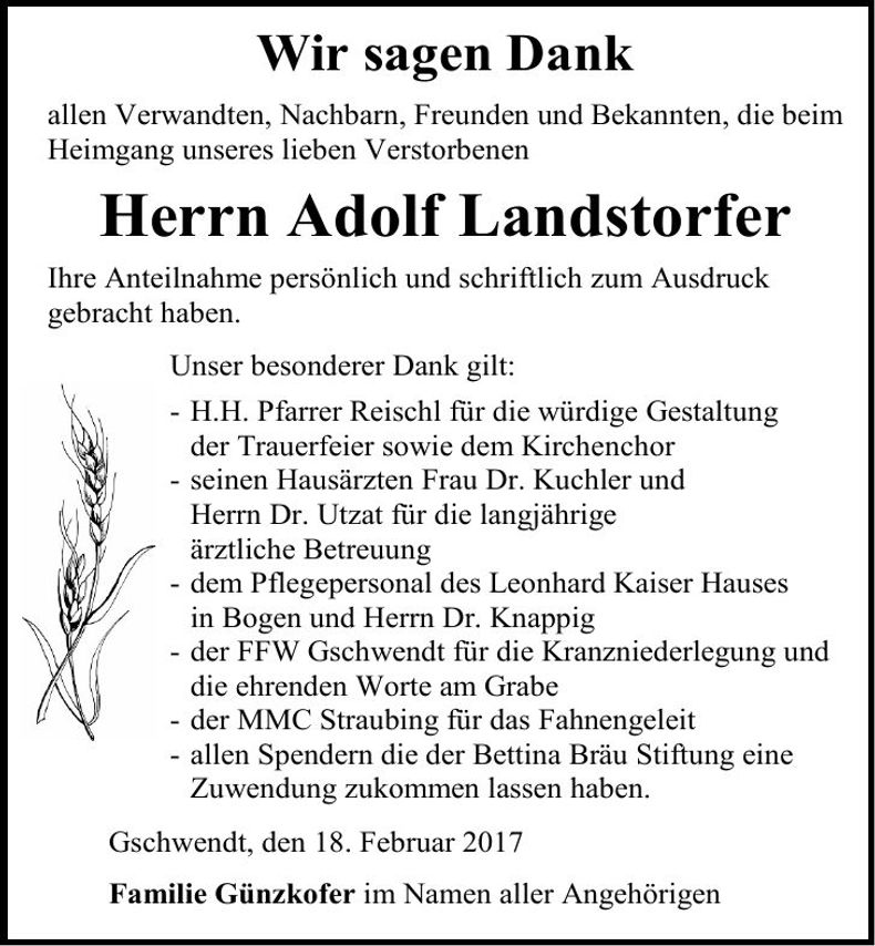 Traueranzeige Adolf Landstorfer