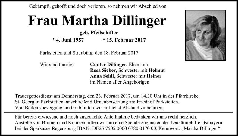 Traueranzeige Martha Dillinger