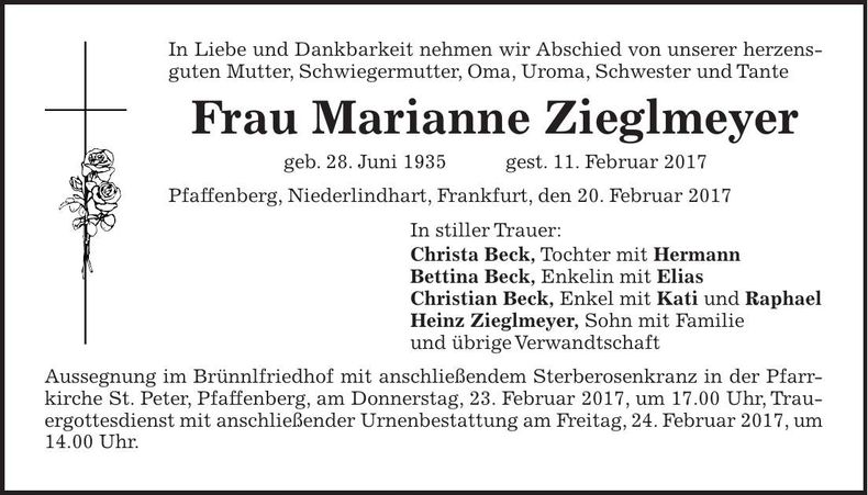 Traueranzeige Marianne Zieglmeyer