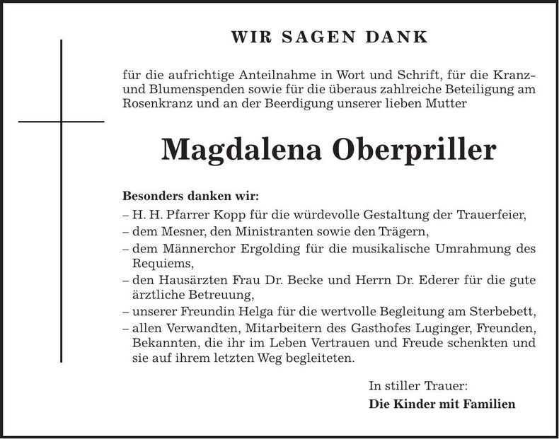 Traueranzeige Magdalena Oberpriller