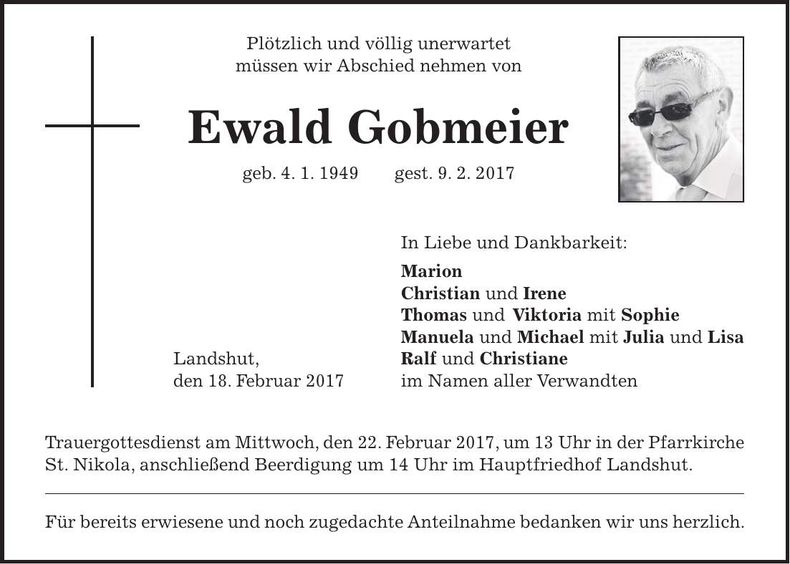 Traueranzeige Ewald Gobmeier