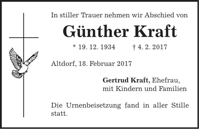 Traueranzeige Günther Kraft