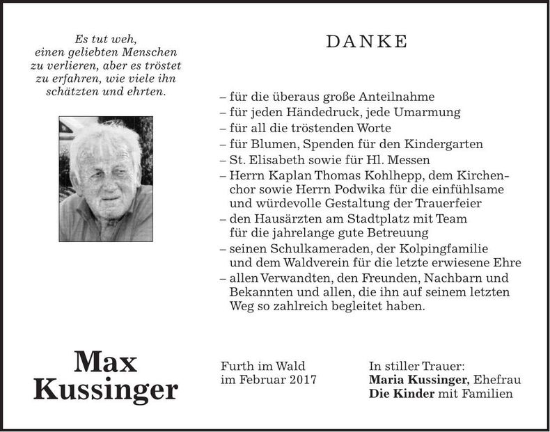 Traueranzeige Max Kussinger