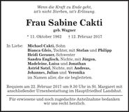 Traueranzeige Sabine Cakti
