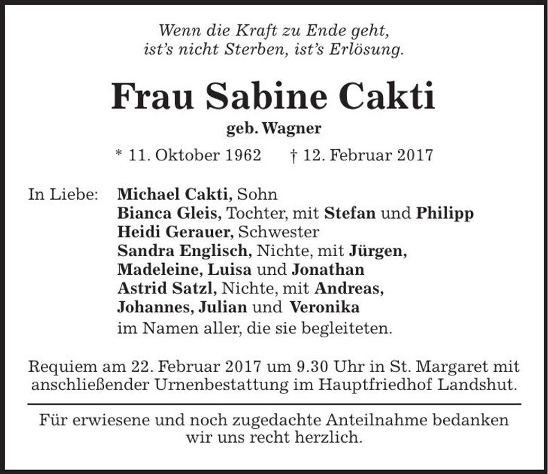 Traueranzeige Sabine Cakti