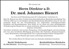 Traueranzeige Johannes Bienert
