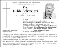 Traueranzeige Hilde Schweiger