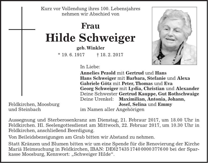 Traueranzeige Hilde Schweiger