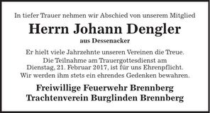 Traueranzeige Johann Dengler