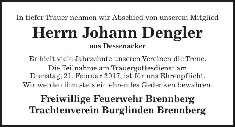 Traueranzeige Johann Dengler