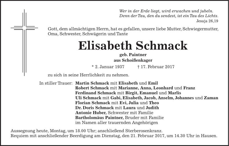 Traueranzeige Elisabeth Schmack