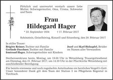 Traueranzeige Hildegard Hager