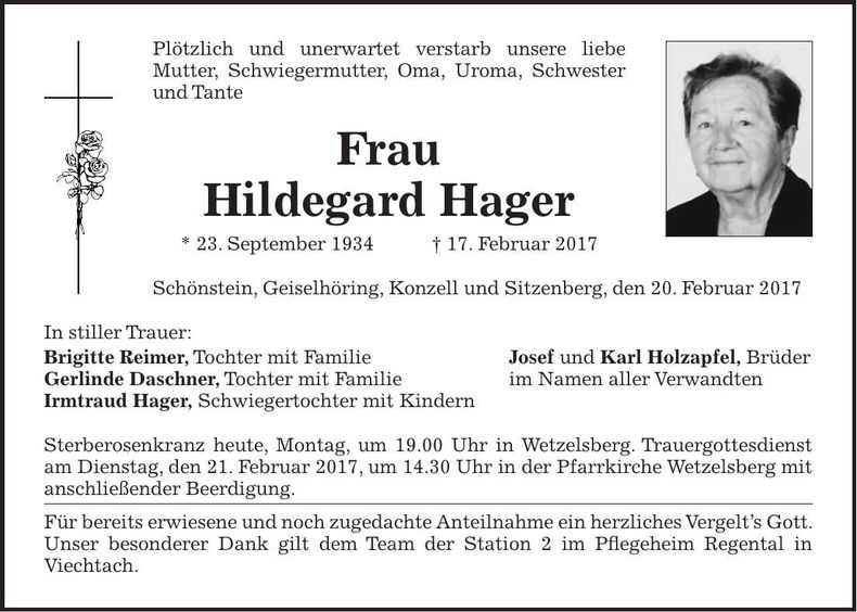 Traueranzeige Hildegard Hager